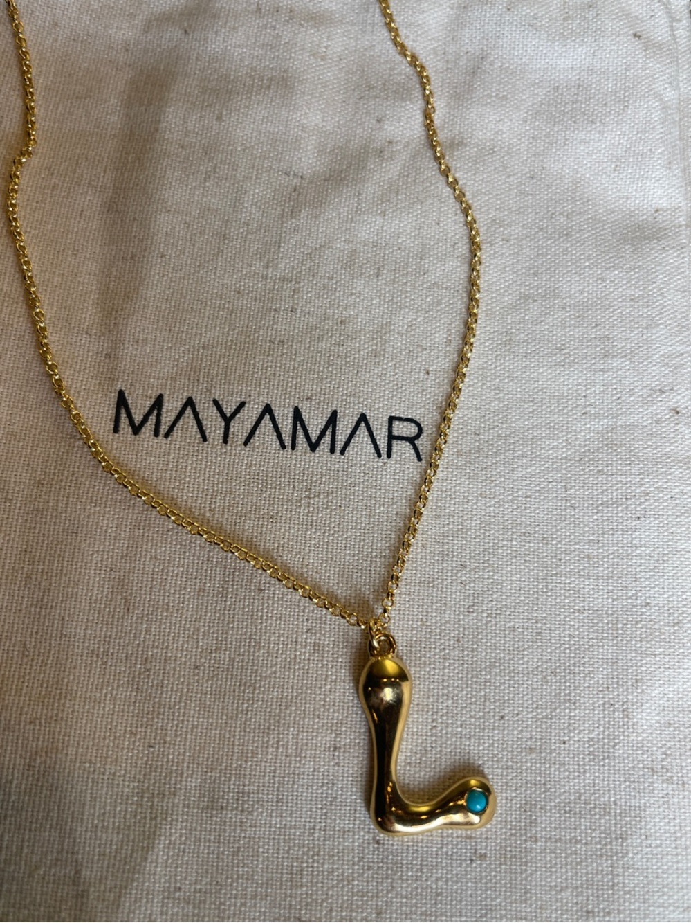 Mayamar ‘L’ initial necklace with turquoise 16” plus 2” extender